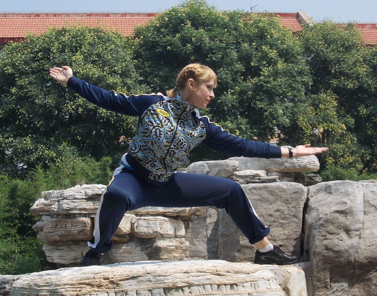 Een demonstratie van een Wushu positie bovenop een steen